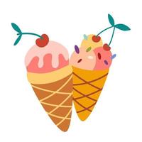 Ice cream. Summer sweet dessert. Delicious ice cream in a cherry cone. Perfect for restaurant menus and printing. Hand drawn vector illustration isolated on white background