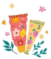 Hand cream. Natural Organic Skin Care Products. Natural hand and body cream. Cosmetics with herbs for body. Modern vector cartoon illustrations isolated on a white background.