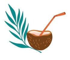 Drink in coconut. Exotic Cocktails with Straw and tropical leaves Poured in Coconut Fruit. Refreshing summer drink. For menu, web and graphic design. Vector illustration isolated on white background