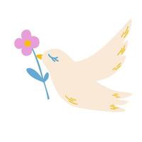 Pigeon with a flower. Peace Sign. Bird. Freedom. Flying pigeon with a flower in its beak. Vector cartoon illustration isolated on the white background.