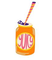 Can of soda. Bright jar with sweet water, the inscription juicy and a straw. Sweet carbonated drink. Vector cartoon illustration isolated on the white background