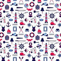 Vector seamless pattern of icons on the theme of the sea, navigation, sea travel. Nautical illustration of objects of navigation, seafaring