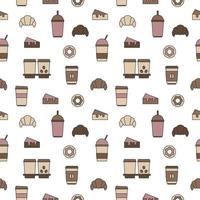 Seamless texture from coffee cups, donuts and croissants, pattern, abstract background, wallpaper vector