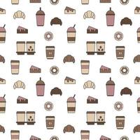 Seamless texture from coffee cups, donuts and croissants, pattern, abstract background, wallpaper vector