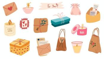 Various Envelopes with mail, postmarks, Postcards. Gifts for home and soul. Candles, envelopes, craft, bags and letters. Cozy gifts. Vector cartoon illustration. All elements are isolated