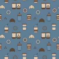 Seamless texture from coffee cups, donuts and croissants, pattern, abstract background, wallpaper vector