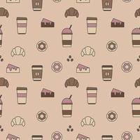 Seamless texture from coffee cups, donuts and croissants, pattern, abstract background, wallpaper vector