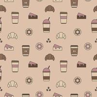 Seamless texture from coffee cups, donuts and croissants, pattern, abstract background, wallpaper vector