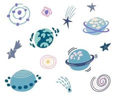 Planets and Shooting stars set. Space objects. Comet tail or star trail. Meteorite, space. Vector Hand draw illustration isolated on the white background.