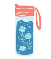 Water Bottle. Concept detox drink, drinking water in a thermos, glass bottle. Ice water. Refreshing summer drink. Healthy lifestyle daily habits, wellness, morning rituals. Vector illustration