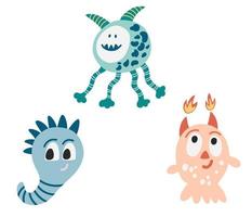 Monsters set. Aliens. Cute space monsters for kids and toys. Funny bright character in a hand-drawn cartoon doodle style. Ideal for packaging games, puzzles, mazes. Vector cartoon illustrations