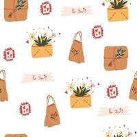 Envelopes with mail pattern. Romantic package with letters, gifts and flowers. For printing postcards textiles and scrapbooking. Vector hand draw illustration