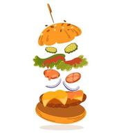 Hamburger. Fast food. Tasty hamburger with with meat patty, cheese, salad, onion, tomatoes and cucumbers. Ingredients. Perfect for restaurant menus printing and animation. Vector cartoon Illustration