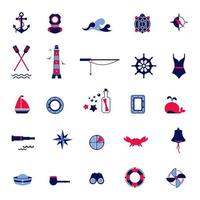 Vector set of flat icons on the theme of the sea, navigation, sea travel, tourism. Nautical illustration of objects of seafaring