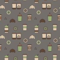 Seamless texture from coffee cups, donuts and croissants, pattern, abstract background, wallpaper vector