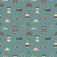 Seamless texture from coffee cups, donuts and croissants, pattern, abstract background, wallpaper vector