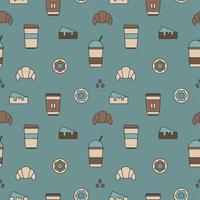 Seamless texture from coffee cups, donuts and croissants, pattern, abstract background, wallpaper vector