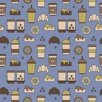 Seamless texture from coffee cups, donuts and croissants, pattern, abstract background, wallpaper vector