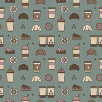 Seamless texture from coffee cups, donuts and croissants, pattern, abstract background, wallpaper vector