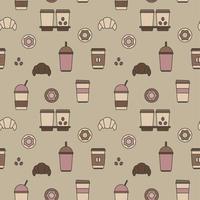 Seamless texture from coffee cups, donuts and croissants, pattern, abstract background, wallpaper vector