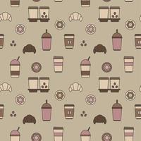 Seamless texture from coffee cups, donuts and croissants, pattern, abstract background, wallpaper vector