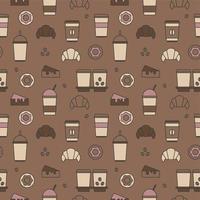 Seamless texture from coffee cups, donuts and croissants, pattern, abstract background, wallpaper vector