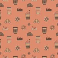 Seamless texture from coffee cups, donuts and croissants, pattern, abstract background, wallpaper vector