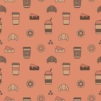 Seamless texture from coffee cups, donuts and croissants, pattern, abstract background, wallpaper vector