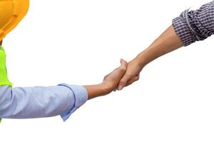 Top view of Engineer man and worker handshake with clipping path on white background for concepts photo