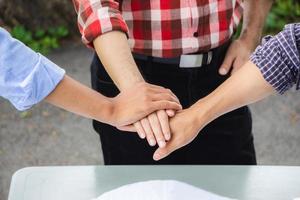 Success Teamwork Concept, Business engineer people team joining hands construction site background photo