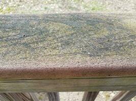 artificial wood material with moss and dirt on railing photo