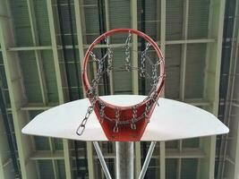 chain net on basketball hoop under a bridge photo