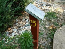 number 15 sign with surface on wood post on miniature golf course photo