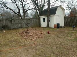 pile of leaves with white shed and rain barrels photo