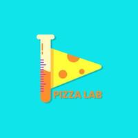 concepto de logotipo de laboratorio de pizza. pizza y equipo de laboratorio. naranja, amarillo y azul. logotipo plano, simple, moderno y limpio. adecuado para logotipo, icono, símbolo y signo. como la comida o el logotipo del restaurante