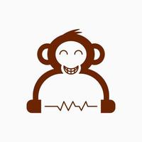 sonrisa de mono y concepto de logo de auriculares. animal, plano, moderno, espacio negativo y logotipo minimalista. café y blanco. adecuado para logotipo, icono, símbolo, signo, mascota y emblema. como el logotipo de la música vector