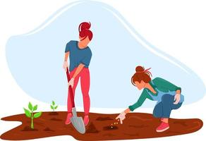 Girls planting seeds together to grow up plants. Spring or summer outdoor works. Environmental agriculture save earth ecology concept of vector illustration