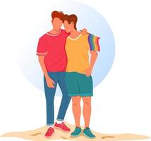 Gay couple hugging and holding LGBT rainbow flag showing their identity with pride. Concept of support for equal rights for sexual minorities and freedom of love. Vector illustration of guys in love