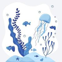 Sea life composition with cute fish, jellyfish, star, shell, seaweed and corals. Vector illustration of ocean life in monocolor of blue