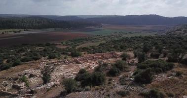 Aerial footage of landscape Khirbet Qeiyafa, or Elah Fortress, Israel