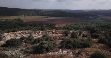 Aerial footage of landscape Khirbet Qeiyafa, or Elah Fortress, Israel video