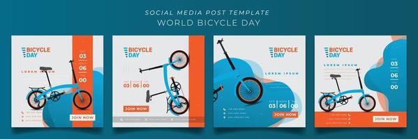 conjunto de plantillas de publicaciones en redes sociales en fondo naranja y blanco verde para el diseño del día mundial de la bicicleta vector