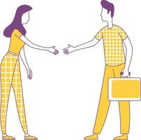 Man and woman shaking hands semi flat color vector characters