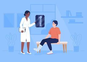 Doctor showing x-ray picture of broken leg to patient flat color vector illustration