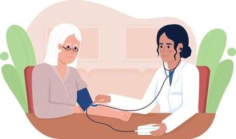 Doctor measuring senior patient blood pressure 2D vector isolated illustration