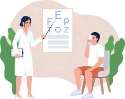 Man undergoing vision checkup with doctor 2D vector isolated illustration