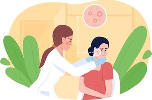 Dermatologist examining patient skin with acne 2D vector isolated illustration