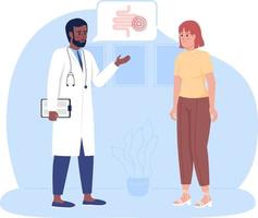 Patient listening to gut checkup results with doctor 2D vector isolated illustration