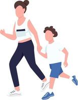 Mother and son running semi flat color vector characters