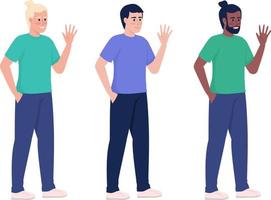 Smiling men waving hands semi flat color vector character set